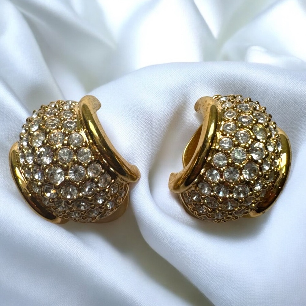 Vintage Swarovski Round Gold Clip-On Earrings with Pave Crystals